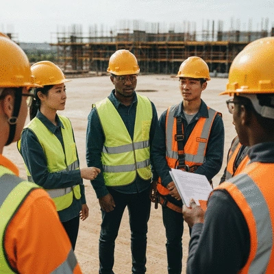 Safety supervisor explaining working at heights protocols to a team