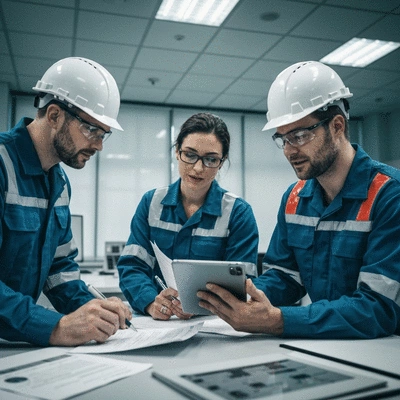 Team of professionals collaborating on safety audit using a tablet and documents