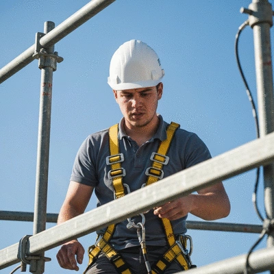Worker in safety harness inspecting equipment at height