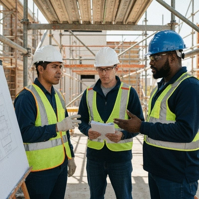 Scaffolding team discussing safety protocols on a construction site