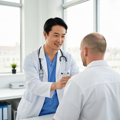 Doctor performing a medical check-up on a worker in a professional clinic setting, no text, no words, no typography, 8K