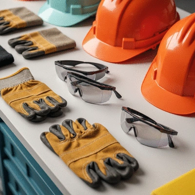 Various safety products like gloves, safety glasses, and hard hats laid out on a workbench, ready for inspection