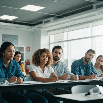 Diverse group of workers participating in a HIRA training session, looking engaged and taking notes, in a modern classroom setting