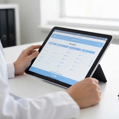Secure digital medical records being accessed on a tablet, symbolizing data privacy and compliance