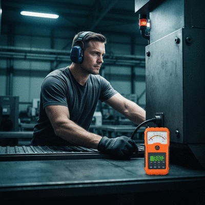 Worker wearing hearing protection in a noisy industrial environment, with sound level meter, no text, no words, no typography