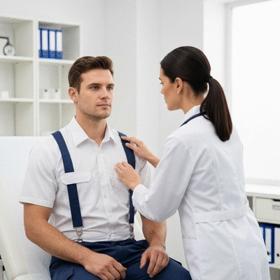 Commercial truck driver undergoing a medical examination with a doctor, clean and professional setting, no text, no words, no typography, 8K