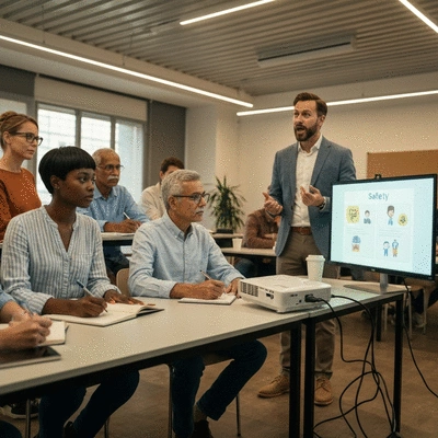 Group of diverse workers participating in a safety training session, looking engaged and attentive