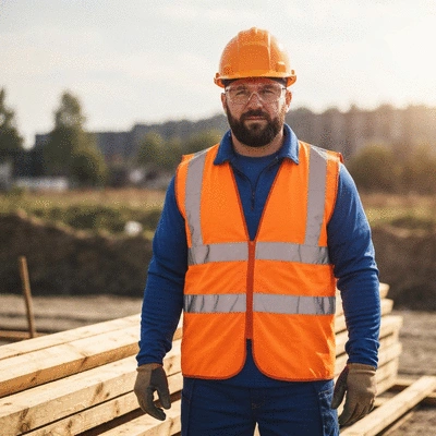 Construction worker wearing hard hat and safety goggles on a construction site, looking safe and protected, no text, no words, no typography, no labels, clean image