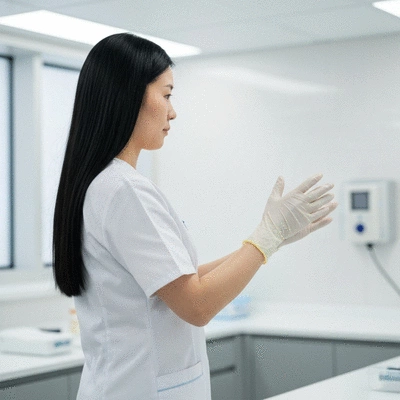 Healthcare worker wearing nitrile PPE gloves in a clinical setting