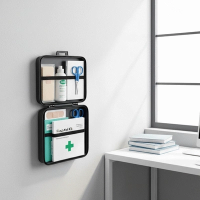 A clearly visible, well-stocked first aid kit mounted on a wall in a clean, modern office environment. The kit is open, showing various medical supplies neatly organized inside. Bright, natural lighting, no text, no words, no typography, 8K, product photography.